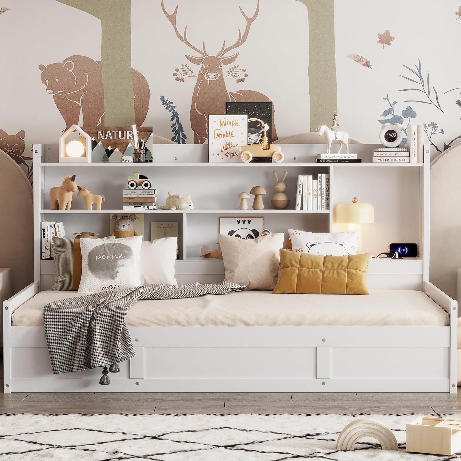 Twin Size Daybed with Storage Bookcases and USB Charging Station, White G546