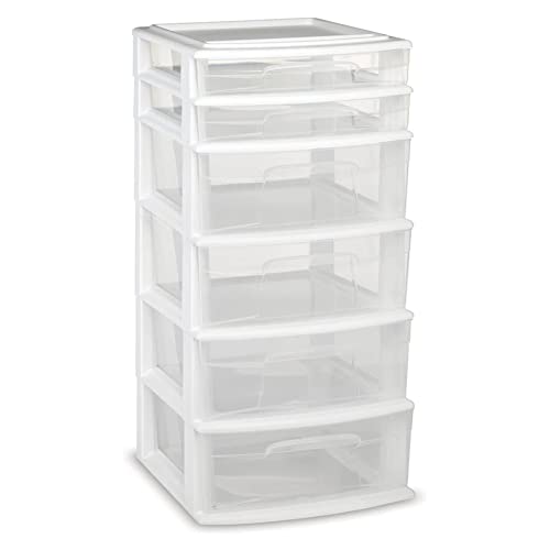 HOMZ Drawer Tower 6-Tier Clear Plastic Storage Organizer Cart, White Frame M699167