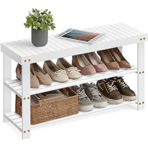 SONGMICS 3-Tier Bamboo Shoe Rack Bench, Entryway Storage, Ink Black X802