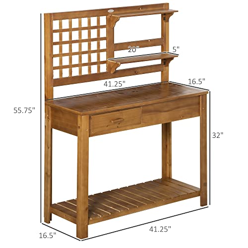 Outsunny Potting Bench Table, Outdoor Wooden Workstation with Shelves and Drawer Z303163