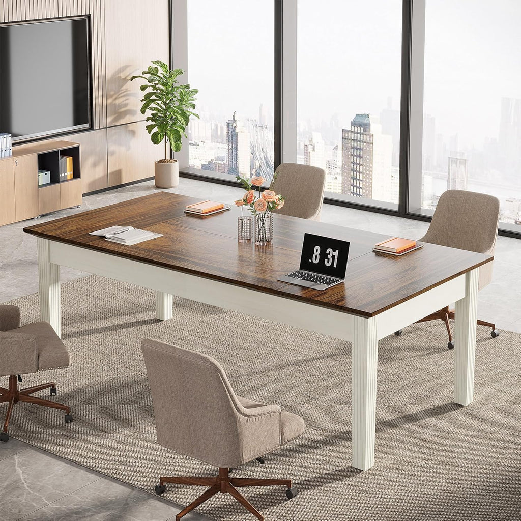 Tribesigns 62-Inch Computer Desk with Solid Wood Legs, Rustic Brown & White B24585