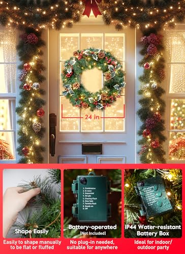 24 Inch Prelit Christmas Wreath with LED Lights for Front Door B9710