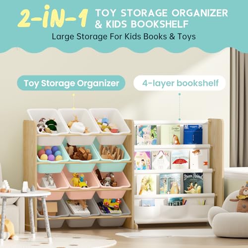 Kids Toy Storage Organizer with Bookshelf, 12 Bin, 4 Shelf, Burlywood E313566