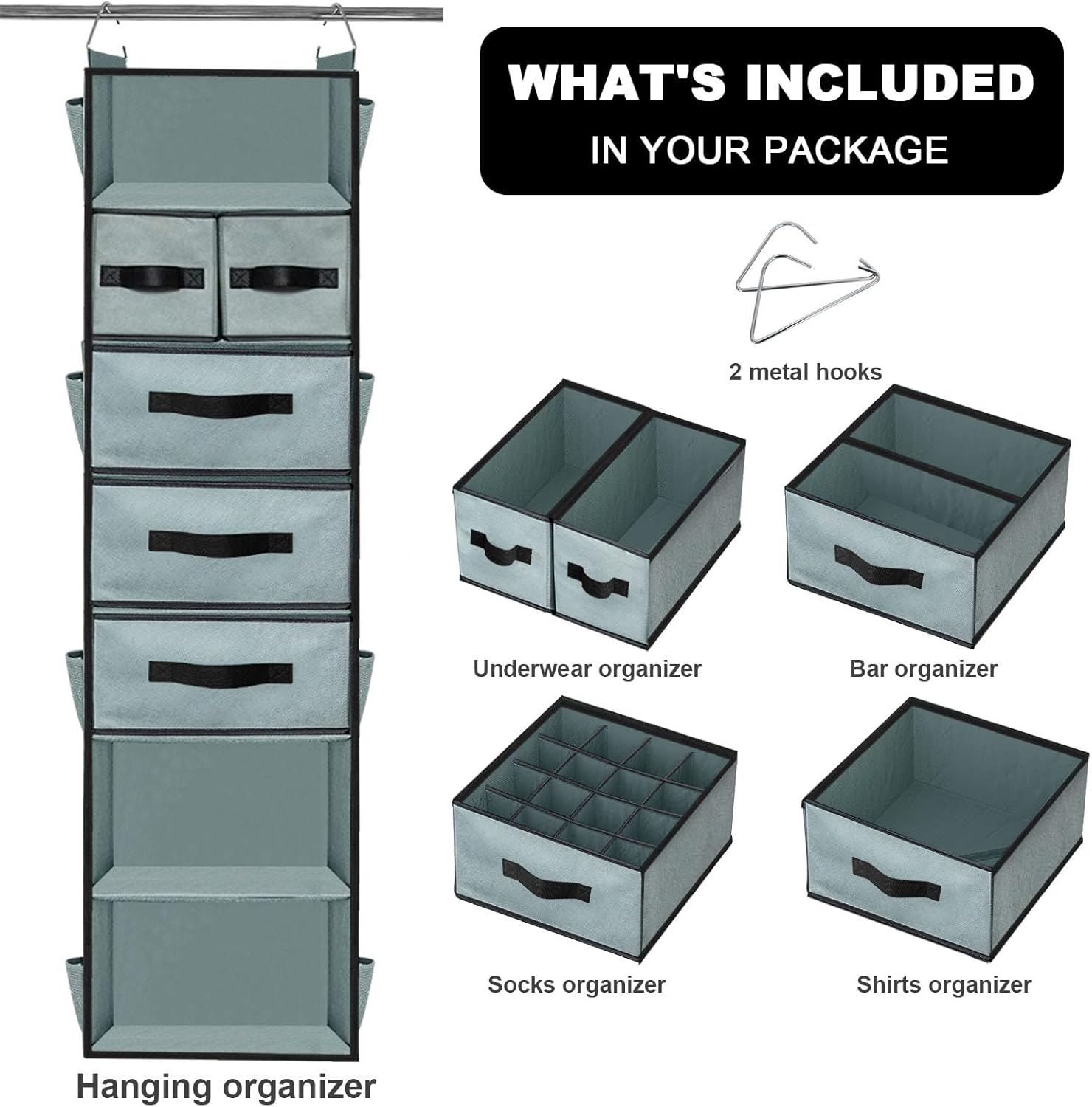 VERONLY Hanging Closet Organizer 7 Shelves with 5 Drawers, Grey R734