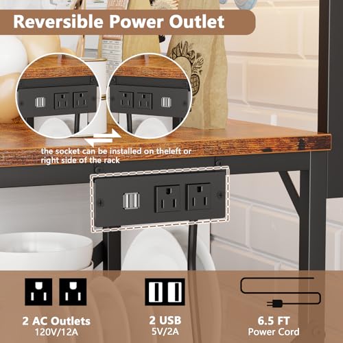 Furologee Bakers Rack with Power Outlet and LED Light, 4-Tier Microwave Stand, Rustic Brown M537