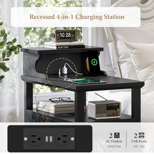 Itaar Farmhouse End Table with Charging Station and LED Lights, Black V906926