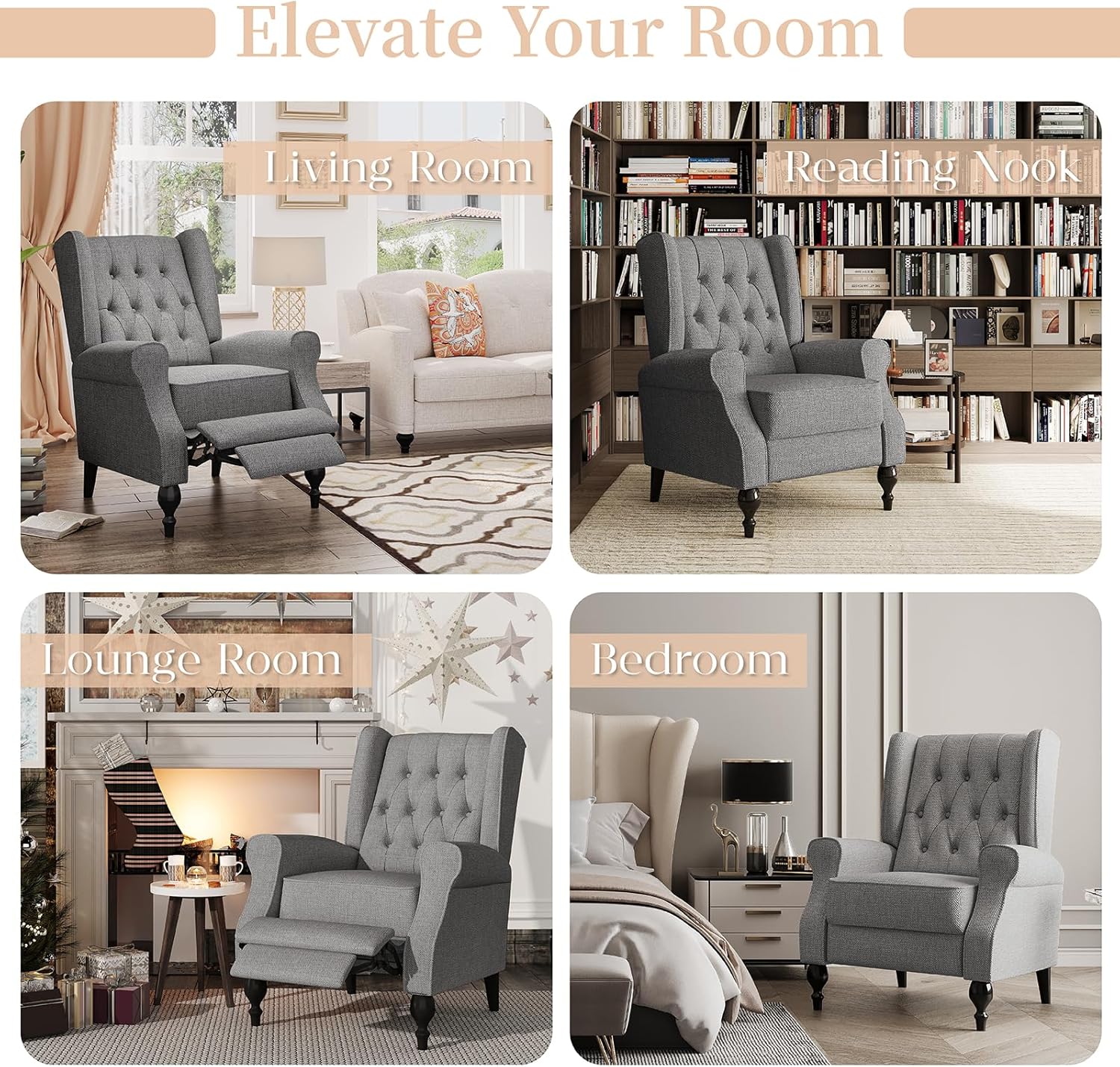 High Back Wingback Recliner Chair for Living Room, Tufted Upholstered Armchair, Dark Gray I355338