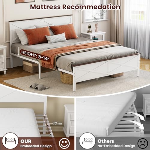 VOPEAK Farmhouse Queen Bed Frame with Headboard, Metal Platform, White E258