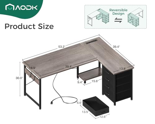 AODK L Shaped Gaming Desk with 4 Drawers, Power Outlets, Black P81263