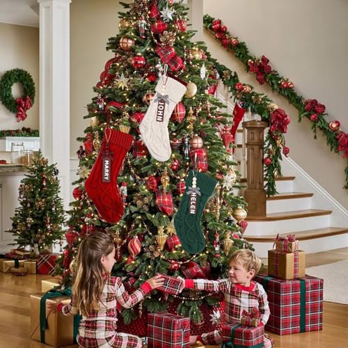 Set of 6 Personalized Christmas Stockings with Wooden Name Tags D26869