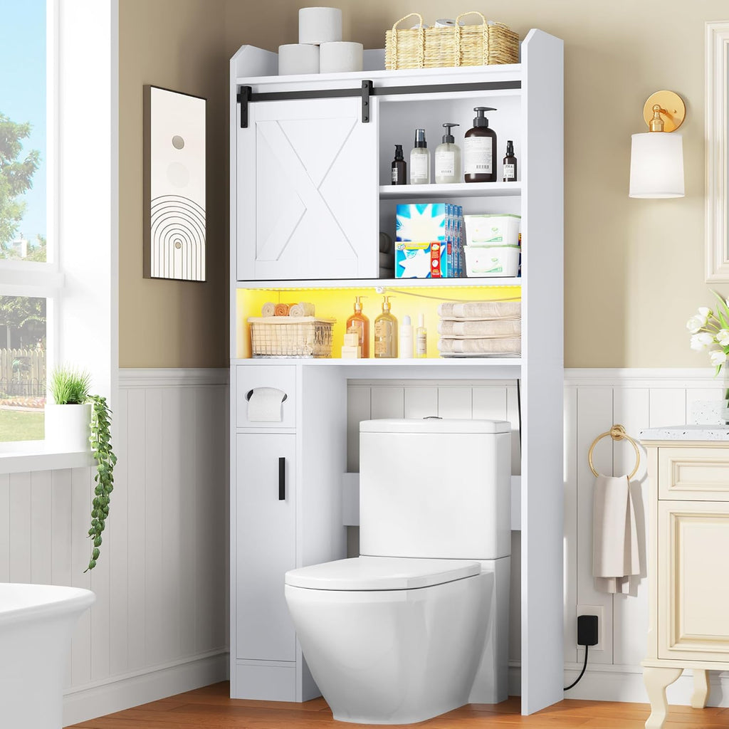 YITAHOME Over The Toilet Storage Cabinet, Farmhouse Storage Cabinet with Sliding Door, Infrared Sensor Light, Home Space-Saving Toilet Rack for Bathroom, Restroom, Laundry, White