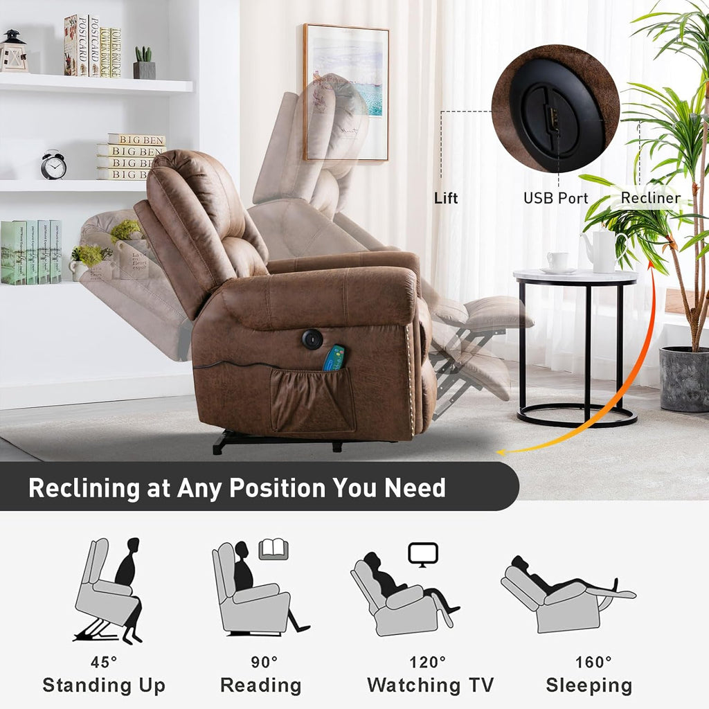 Phoenix Home Power Lift Chair for Elderly Leather Electric Reclining with Massage and Heating, Brown J82667