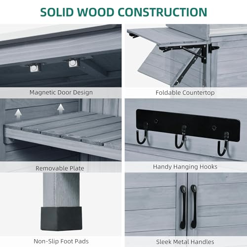 YITAHOME Solid Wood Potting Bench Table with Folding Pallet and Metal Tabletop, Grey Y7623