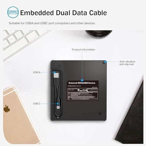 External CD DVD Drive for Laptop, USB 3.0 Type-C, Slim Portable Burner T70166
