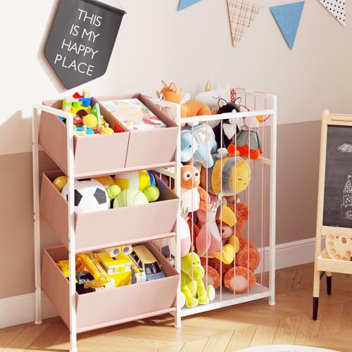 BBLIKE Stuffed Animal Storage Organizer with 4 Removable Bins, Pink D671279
