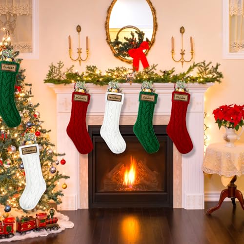 6 Pack Personalized Christmas Stockings 18in Knitted with Leather Patches Red and White F78226