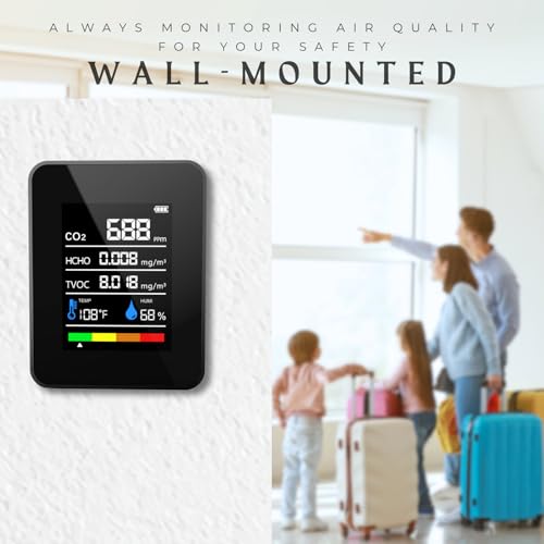 CO2 Detector Air Quality Monitor Indoor, 5-in-1 Formaldehyde/TVOC/Temperature/Humidity, Portable, Black E38424