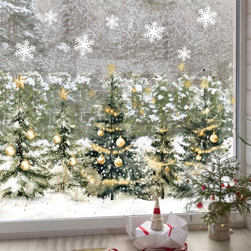 Whaline 9 Sheet Christmas Window Clings Snowy Forest Trees Reusable Window Decals H27510