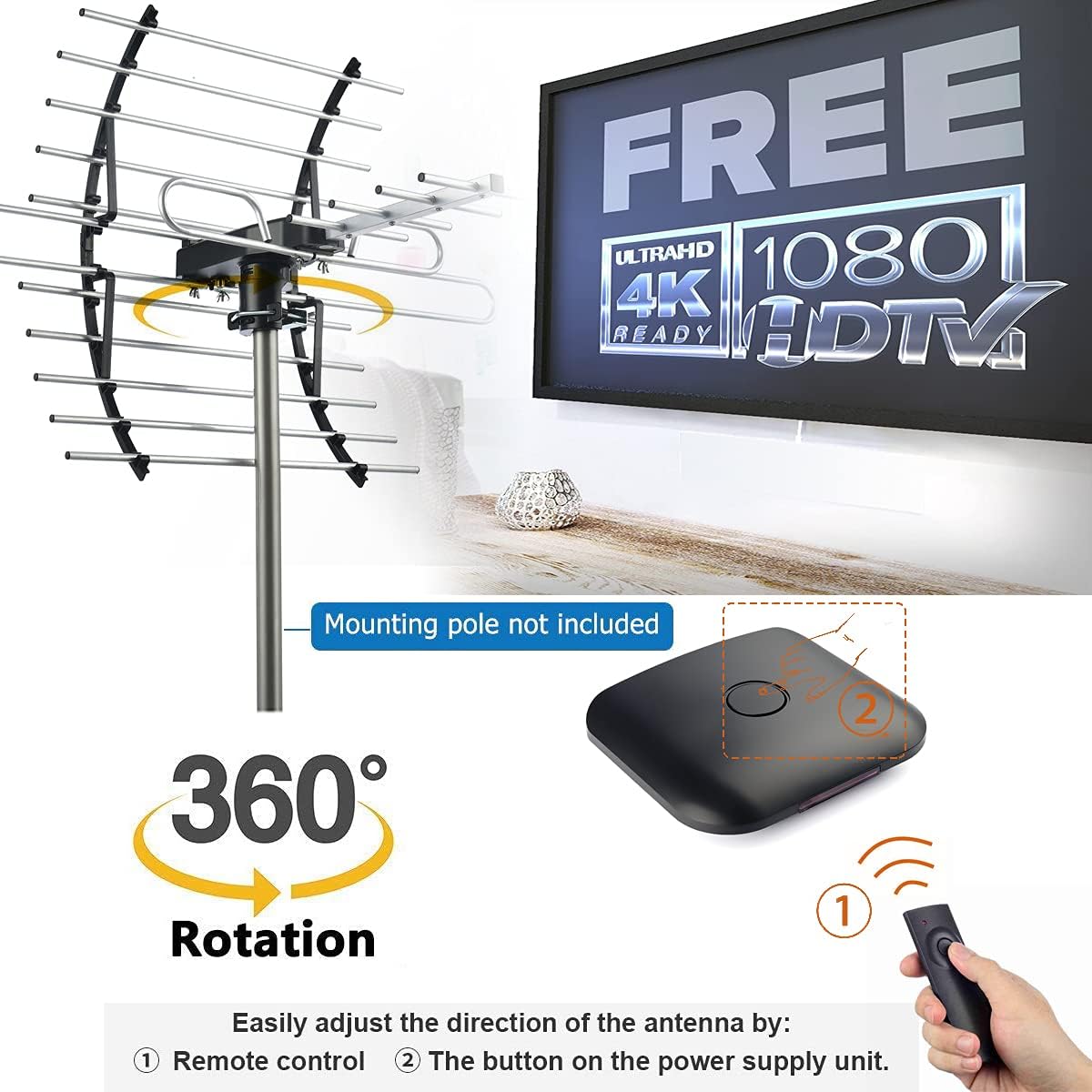 CeKay Digital HD TV Antenna Outdoor Attic 360 Rotation Wireless Remote 200 Miles Range 4K VHF UHF X67490