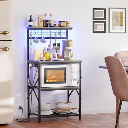 Furologee Bakers Rack with Power Outlet and LED Light, 4-Tier Microwave Stand, Rustic Brown M537