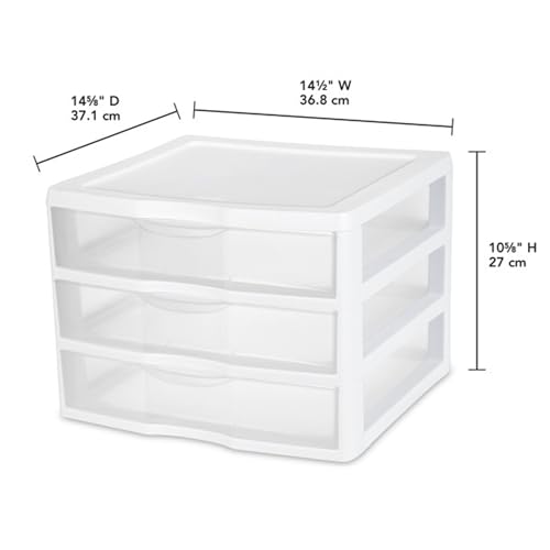 Sterilite 3-Pack Wide 3 Drawer Unit, Plastic Desktop Organizer, White Frame X750