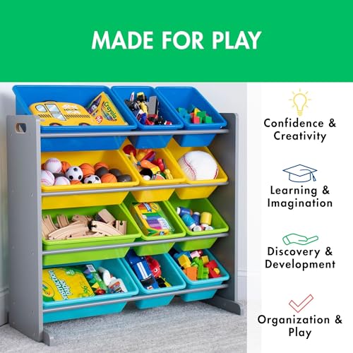 Humble Crew Kids Toy Storage Organizer with 12 Plastic Bins, Grey/White O74556
