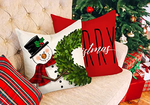 Red Christmas Pillow Covers 18x18 Set of 4 Farmhouse Snowman Santa Tree V263