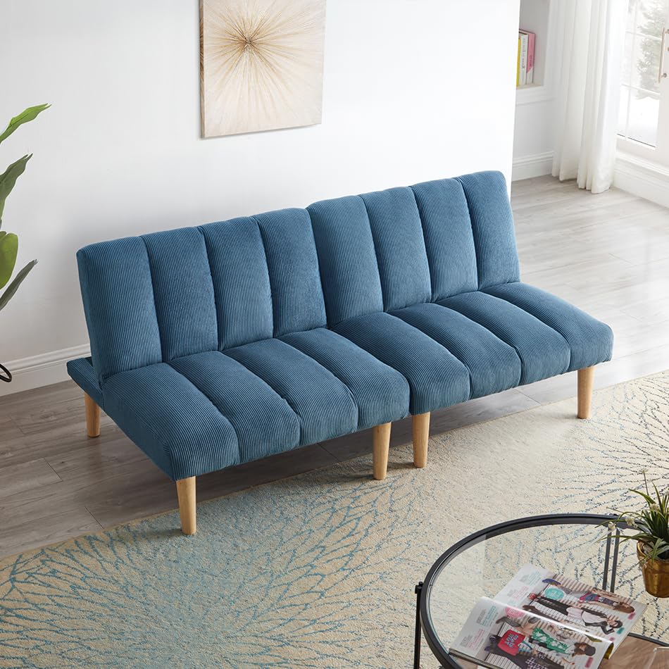 Majnesvon Modern Convertible Folding Sleeper Loveseat Sofa Couch, Corduroy, Blue Q971052