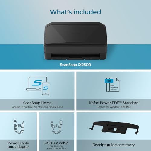 ScanSnap iX2500 Wireless and USB Document Scanner with Touchscreen, 100 Page ADF, White P500137
