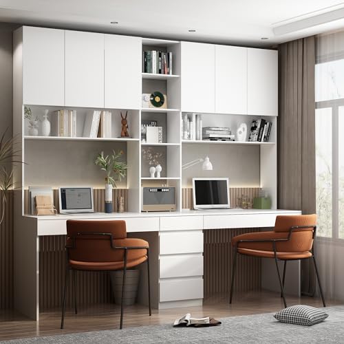 Homsee Modern 2-in-1 Computer Desk for 2 Person with Tall Bookshelf, 94.5" L Office Desk Writing Study Table with 6 Drawers, 15 Shelves & 6 Doors for Home Office, White