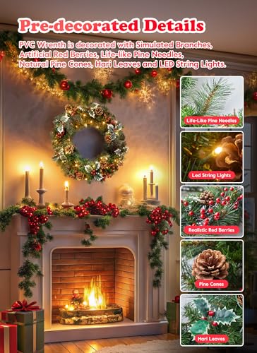24 Inch Prelit Christmas Wreath with LED Lights for Front Door B9710