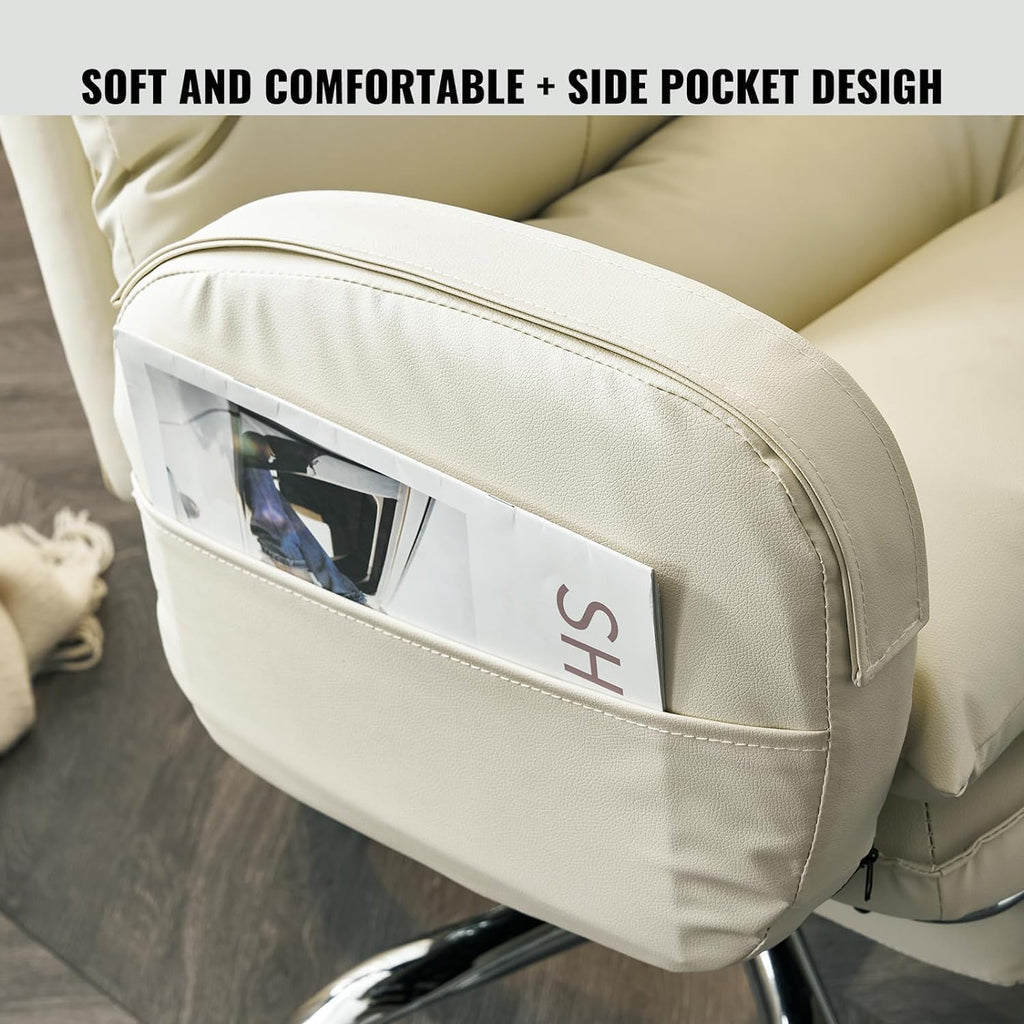 High-Back PU Leather Office Chair with Footrest, Cream White X25018