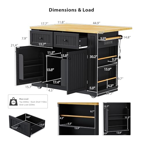 Ball & Cast 48" Kitchen Island with Power Outlet, Rolling Cart, Black H9509