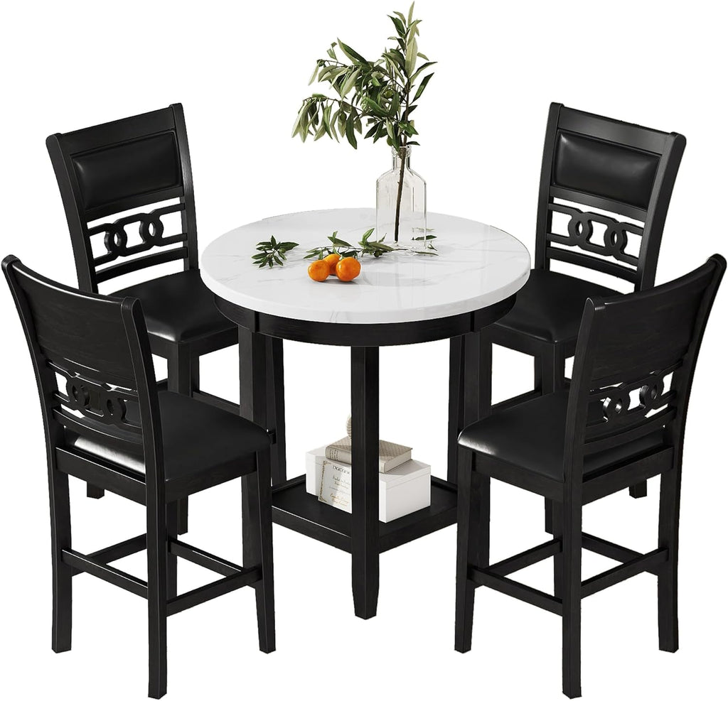 5-piece Counter Height Dining Table Set with Faux Marble Top and PU-leather Chairs, Dark Espresso U620443