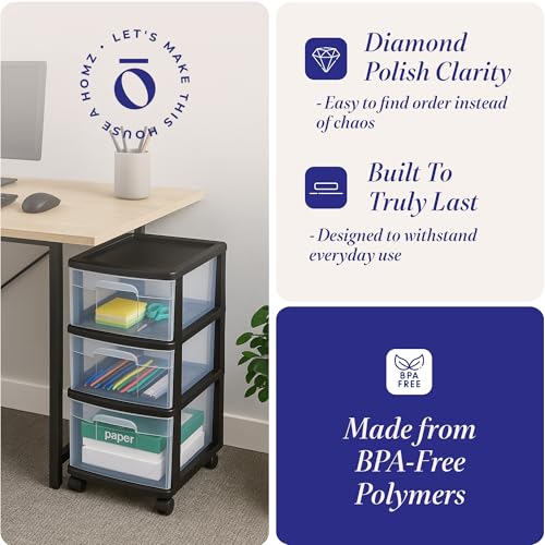 HOMZ 3-Tier Clear Plastic Storage Organizer Cart with Wheels, Black Frame M4715