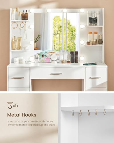 Quimoo Large Vanity Desk with LED Mirror & Power Outlet, White L335