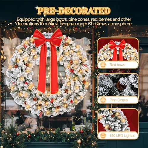 VINGLI 48 Inch Pre-lit Artificial Christmas Wreath with 150 LED Lights T885