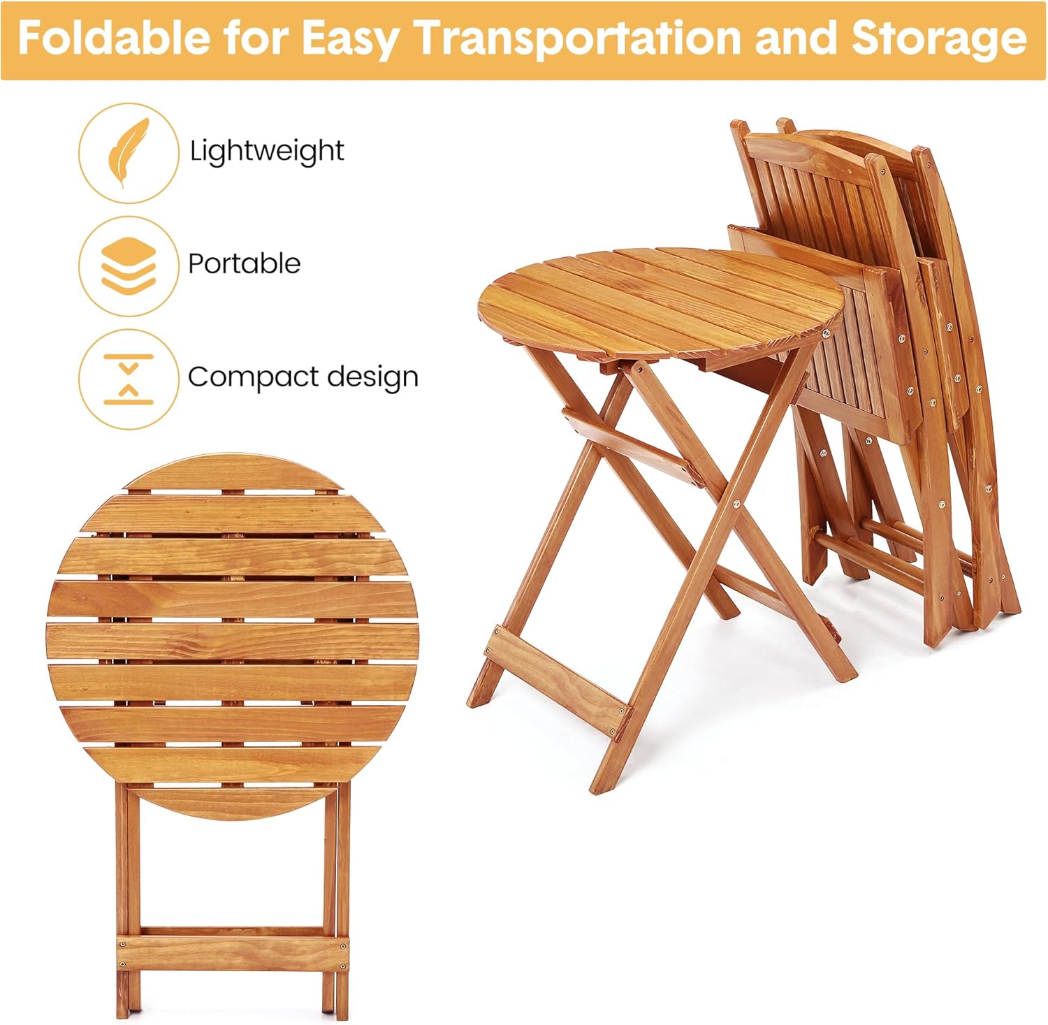 3Pcs Patio Bistro Set Wood Folding Table and 2 Chairs Outdoor Furniture X8767