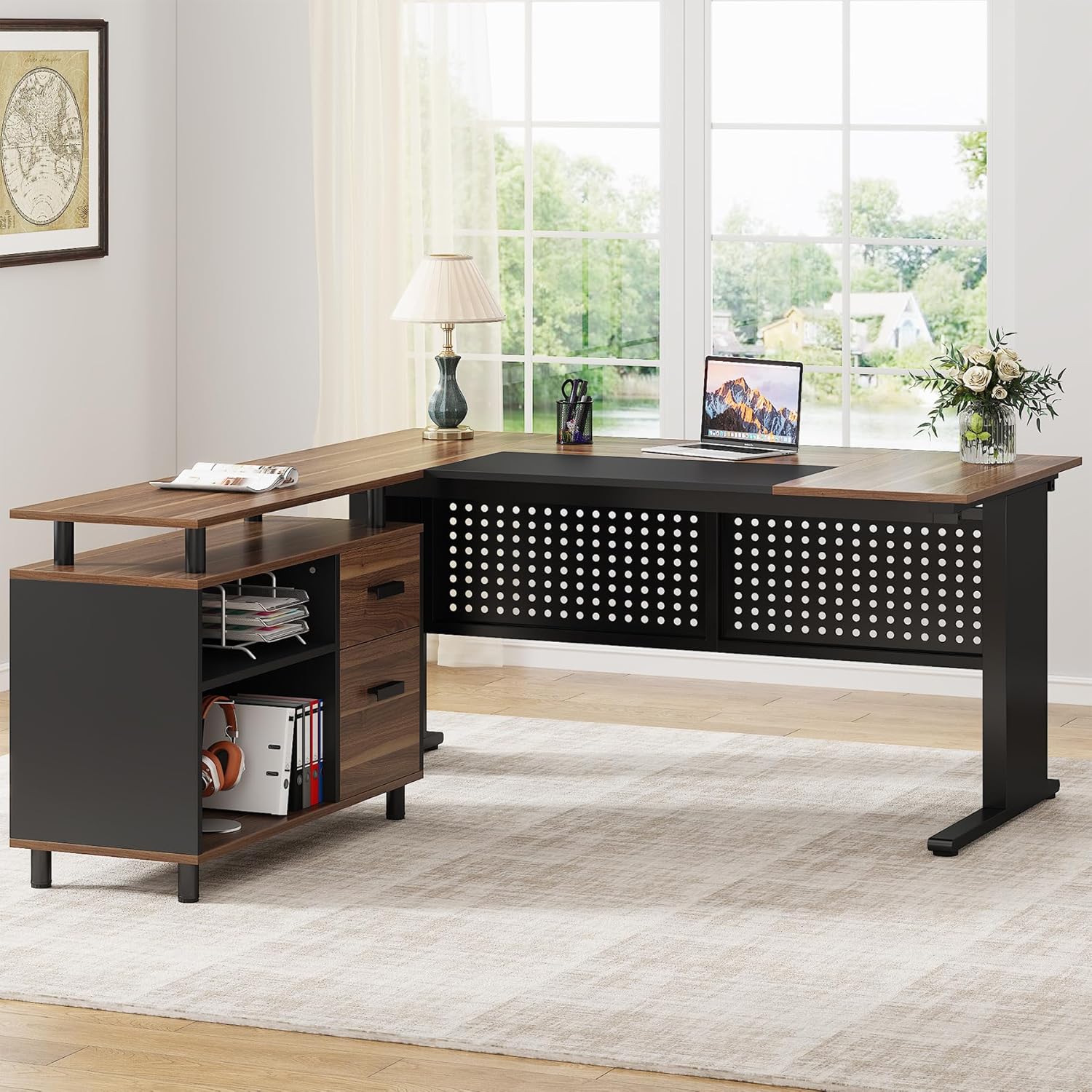 63 Inch L Shaped Executive Computer Desk with File Cabinet, Brown and Black G986925