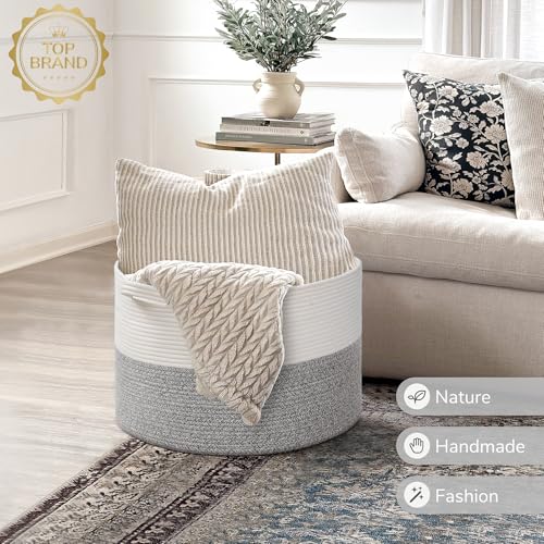 INDRESSME Large Cotton Rope Storage Basket with Handles, 90L Grey R37552