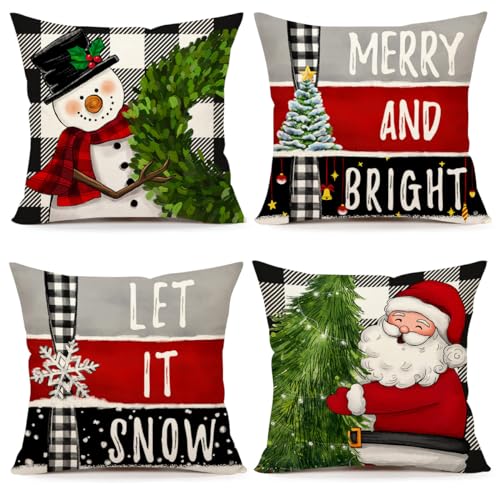 Red Christmas Pillow Covers 18x18 Set of 4 Farmhouse Snowman Santa Tree V263