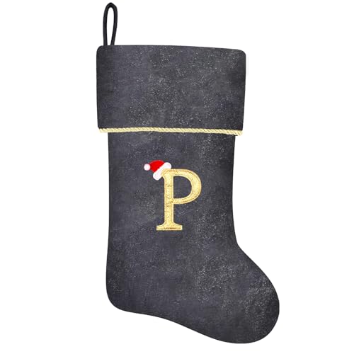 20 Inches Initial Monogram Blue Velvet Christmas Stocking with Gold Trim U394