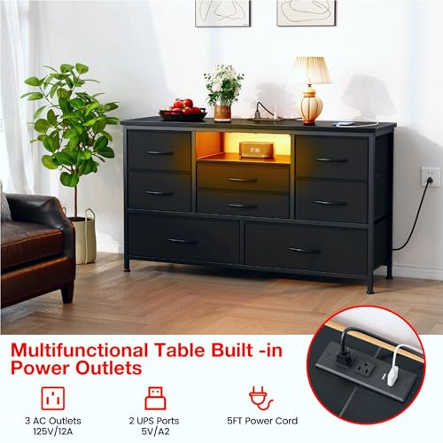 Dresser TV Stand with Power Outlet & LED for 55'' TV, 8 Drawers, Wood Top P3503