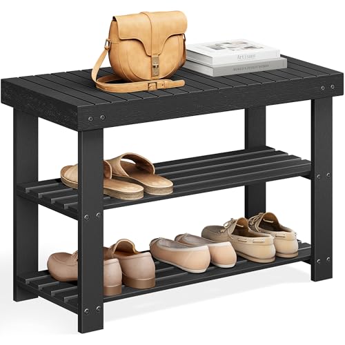 SONGMICS 3-Tier Bamboo Shoe Rack Bench, Entryway Storage, Ink Black X802