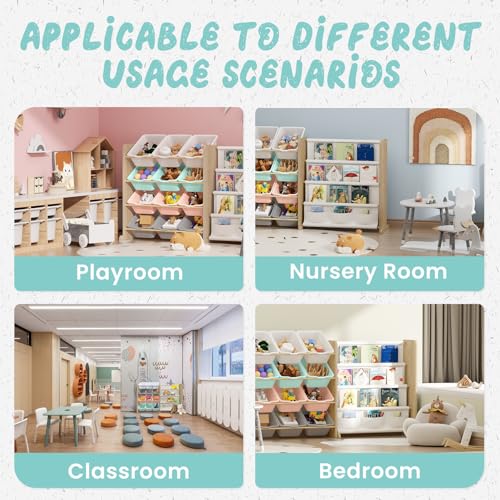 Kids Toy Storage Organizer with Bookshelf, 12 Bin, 4 Shelf, Burlywood E313566