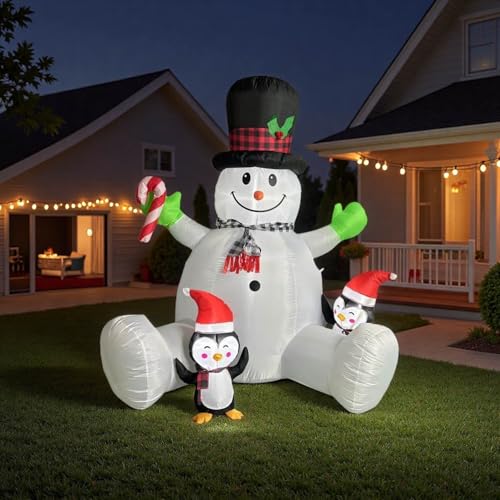 7 FT Inflatable Snowman with Penguins and LED Lights for Christmas Yard Decor F9702