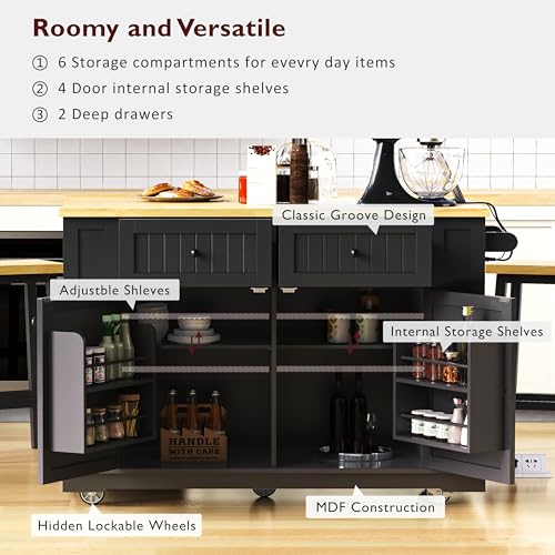 Ball & Cast 48" Kitchen Island with Power Outlet, Rolling Cart, Black H9509