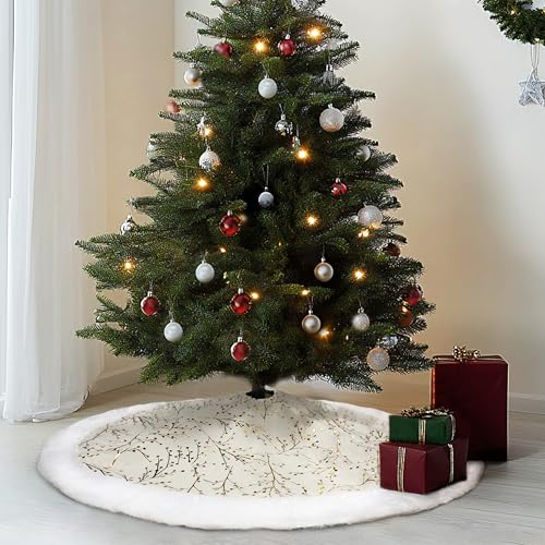 SYITCUN Christmas Tree Skirt, 48 Inch White and Gold Faux Fur F99847