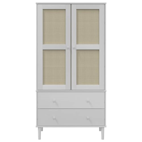 vidaXL Solid Pine Wood Wardrobe White Rattan Look U2650