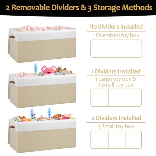 Large Toy Storage Box with Lid and Dividers for Kids, Beige and White X95078